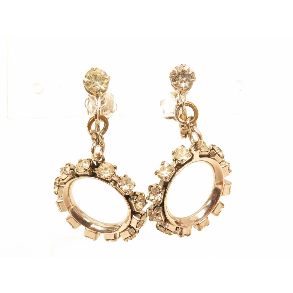 Vintage Clear Rhinestone Prong Set Silver Plated Art Deco Drop Earrings